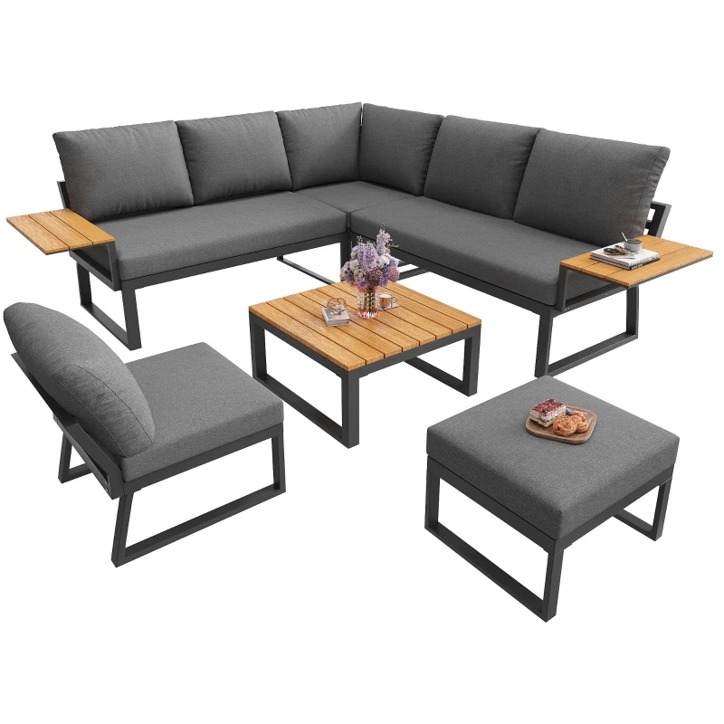 L-Shaped Garden Sofa Set with Galvanised Iron Frame, Comfortable Garden Lounge Set with Wooden Armrests, 110L x 62W x 75H cm, Gray