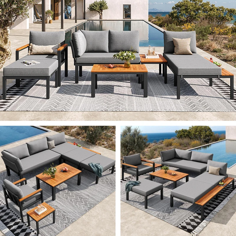 Modular Outdoor Garden Sofa Set with Aluminium Frame, Sturdy Lounge Set with Acacia Wood Coffee Table, 150L x 81.5W x 76H cm, Gray