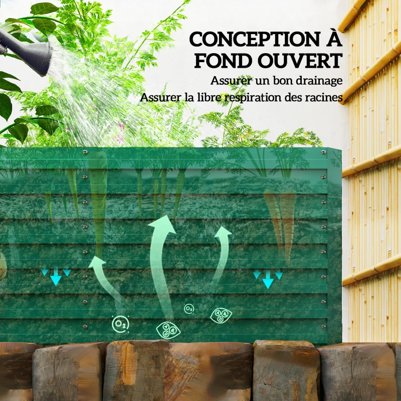 Outsunny Jardinière surélevée galvanisée rectangulaire pour l'extérieur - fond ouvert - 240 x 120 x 60cm, vert