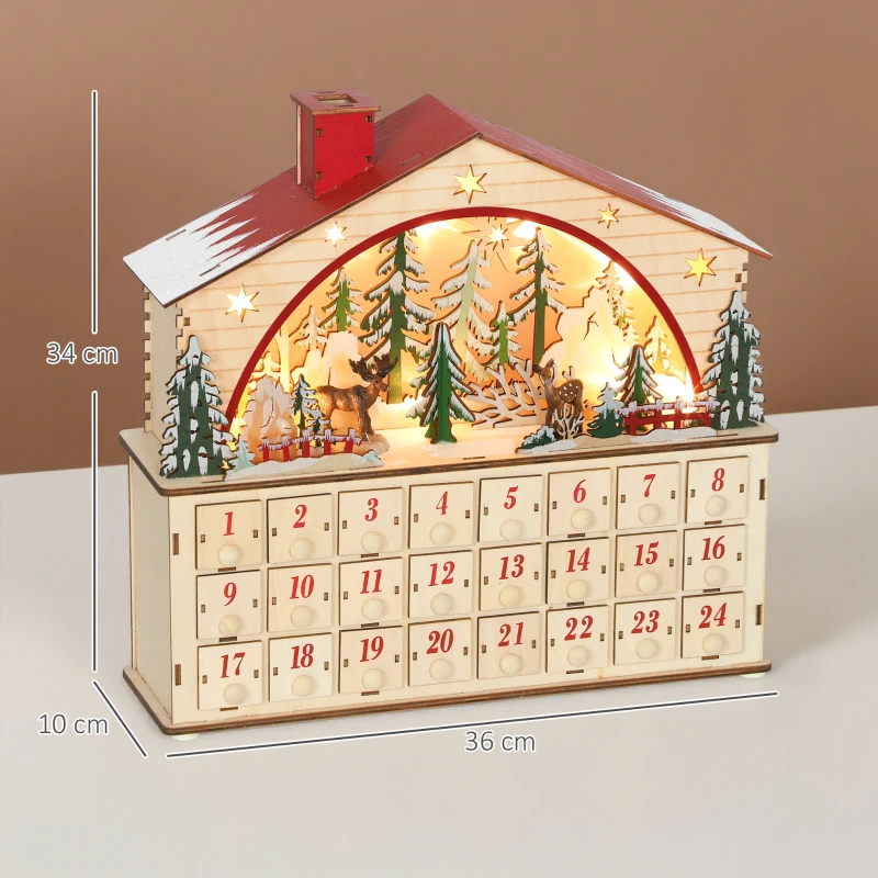 HOMCOM Calendario de Adviento para Rellenar de Madera con Luces LED 24 Cajones y Escena de Pueblo 36x10x34 cm Natural