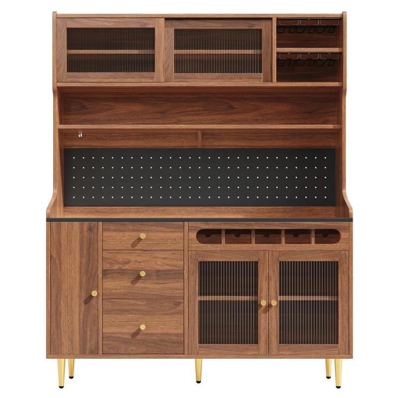 Stylish Highboard with LED Lighting & App Control, Freestanding Storage Cabinet with Adjustable Shelves, 145L x 39W x 171H cm, Walnut