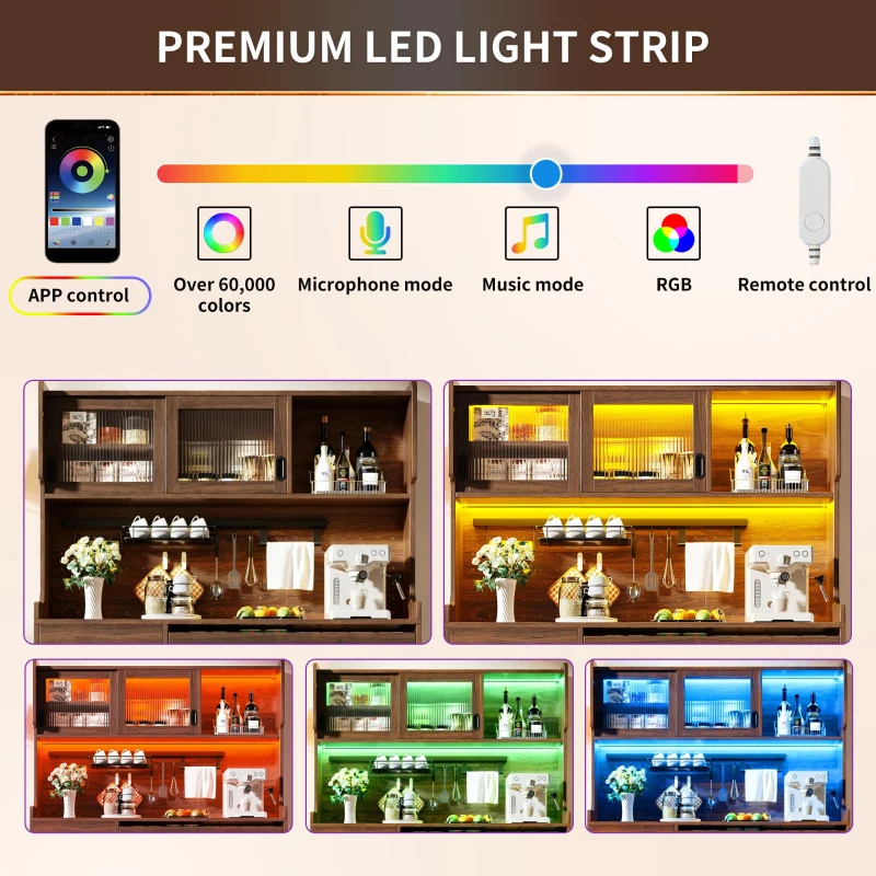 Country Style Sideboard with App-Controlled LED Light Strip, Sturdy Cabinet for Living & Dining Area, 145L x 39W x 171H cm, Brown