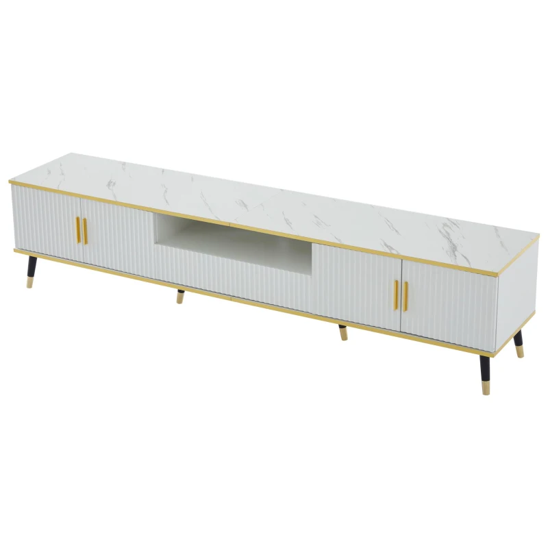 Modern TV Entertainment Center with 4 Doors & Drawer, Spacious TV Stand for Living Room or Bedroom, 200L x 40W x 46H cm, White