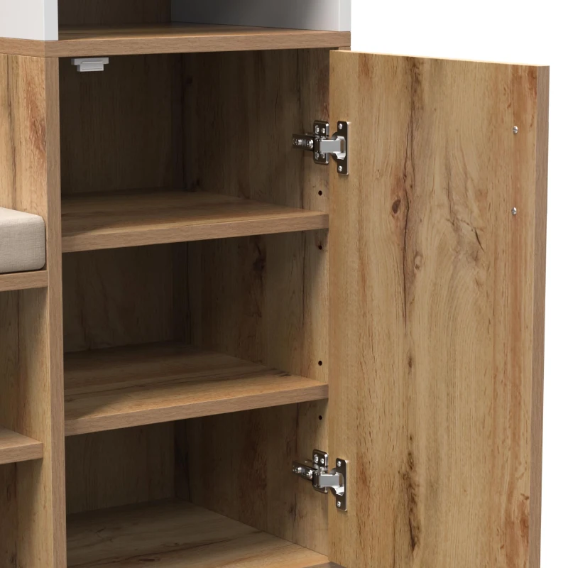 Garderoben-Set mit Spiegel, Sitzbank, 2 Schuhfächern, Haken und Garderobenstange, 105 x 40 x 190,5 cm, Weiß+Naturfarbe