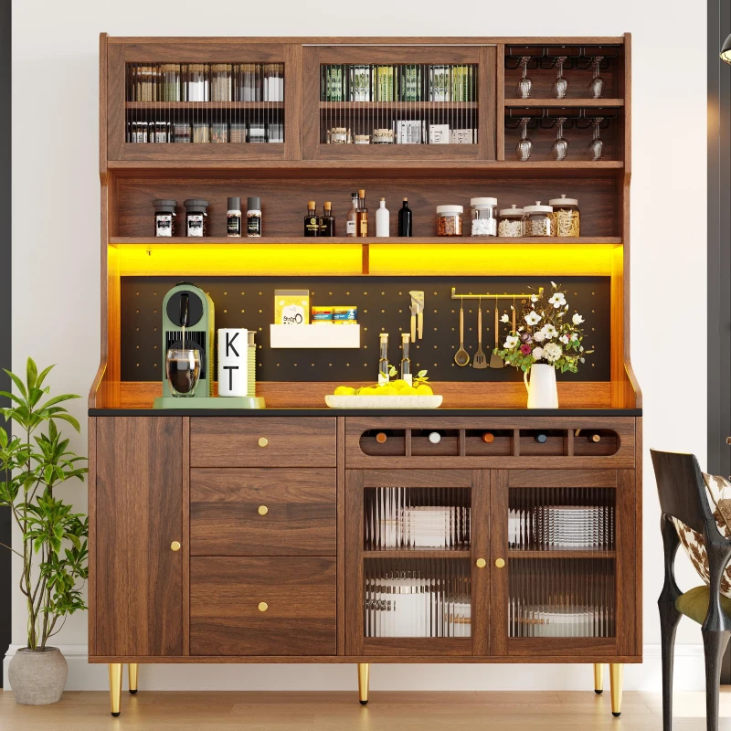 Stylish Highboard with LED Lighting & App Control, Freestanding Storage Cabinet with Adjustable Shelves, 145L x 39W x 171H cm, Walnut