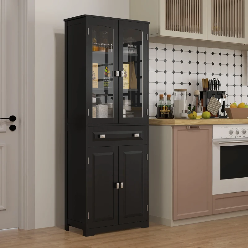 HOMCOM Buffet haut armoire de cuisine 4 portes dont 2 portes vitrées et 1 tiroir hauteur 160 cm avec étagères en bois noir