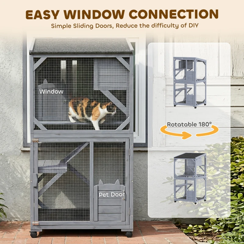 PawHut Movable Outdoor Catio with Resting Box, 3 Jumping Platforms, Waterproof Asphalt Roof for Outdoor Indoor