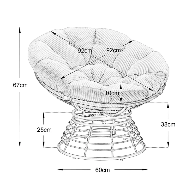 Poltrona Papasan, girevole a 360°, cuscino spesso(tessuto a coste), struttura in acciaio, 92x92x67 cm, Bianco