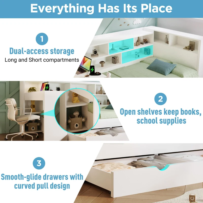 Multi-Functional Single Daybed with Bookcase & Computer Desk, Space-Saving Bed Frame with Ergonomic Desk, 63L x 114W x 100H cm, White