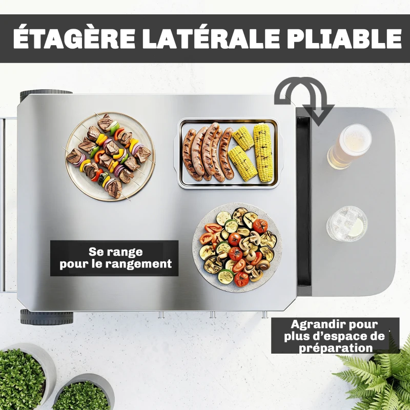 Outsunny Desserte Jardin 2 Niveaux Plateau en Inox avec Table Latérale Pliable et Roulettes, 115x67,5x80,5cm, Noir