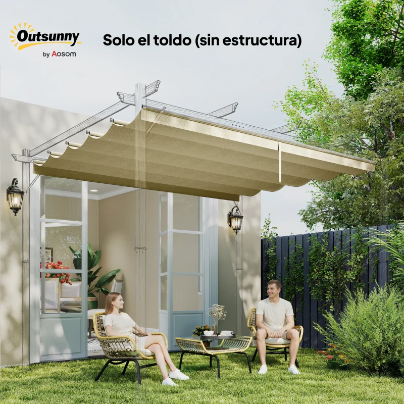 Outsunny Techo de Repuesto Retráctil 3,5x2,6 m para Marco de 4x3 m Toldo de Tela Solo para Cenador Jardín con 10 Orificios Beige