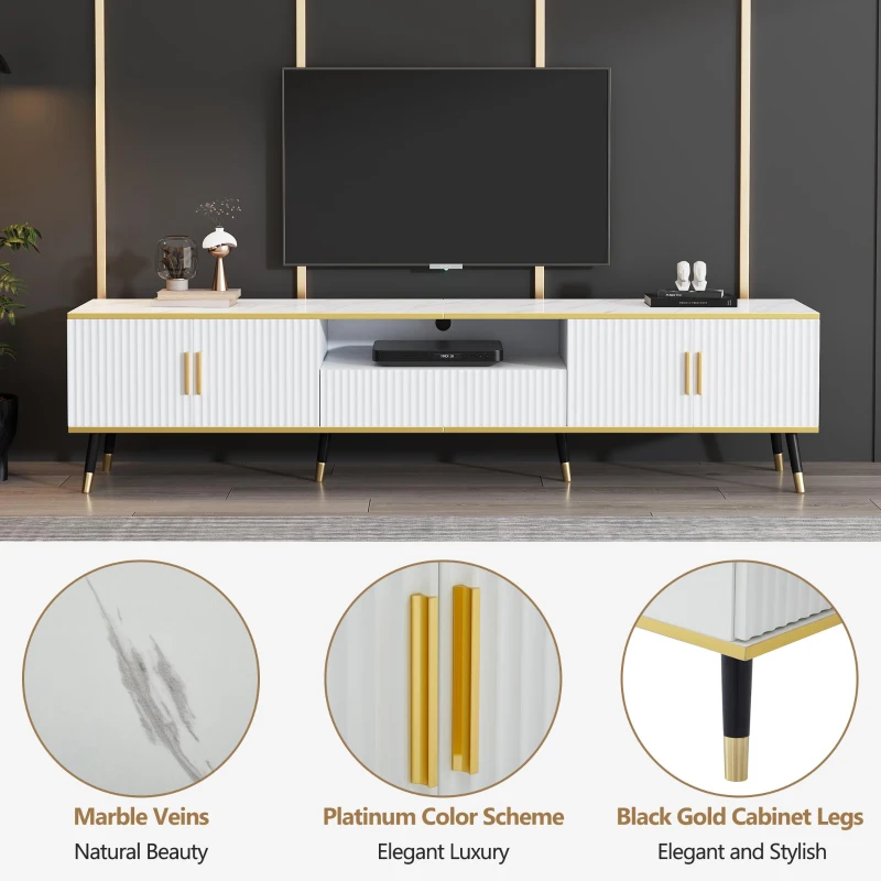 Modern TV Entertainment Center with 4 Doors & Drawer, Spacious TV Stand for Living Room or Bedroom, 200L x 40W x 46H cm, White