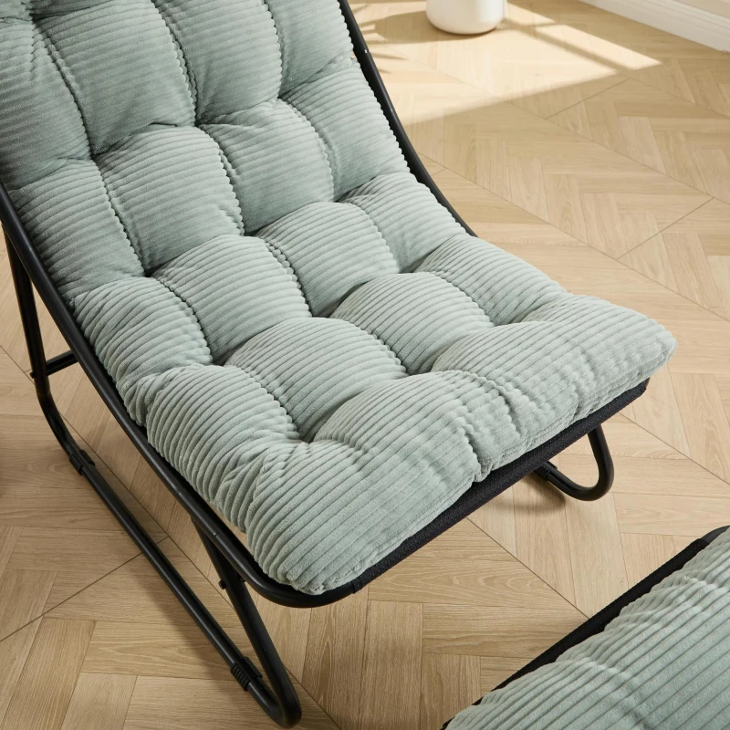 Poltrona lounge da esterno con pouf, cuscino imbottito, tessuto sling, struttura in acciaio, Verde chiaro