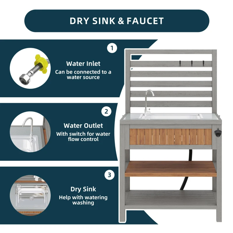 Weatherproof Garden Cabinet with Large Work Surface, Outdoor Kitchen Sideboard with Adjustable Shelves, 80L x 51W x 148.5H cm, Natural