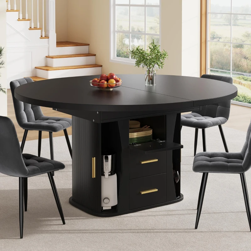 Extendable Dining Table with 3-Tier Hidden Storage and Oval Extension, Round Kitchen Table for 6 People, 118-158L x 118W x 77H cm, Black