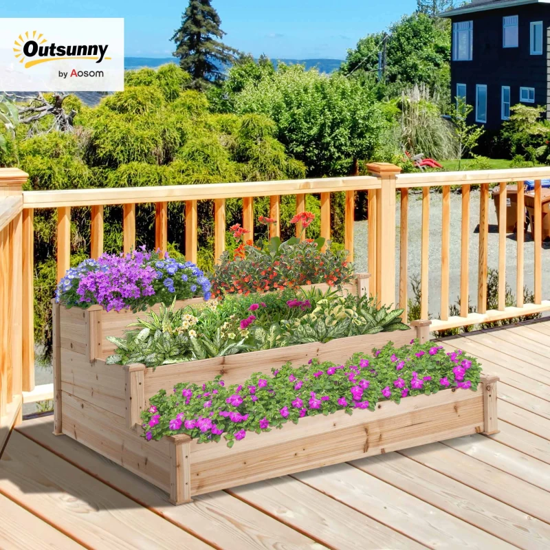 Outsunny 470L Raised Garden Bed, 3-Tier Planter Kit, Elevated Wooden Planters for Garden, Yard & Patio, 124 x 124 x 56 cm(m-10)