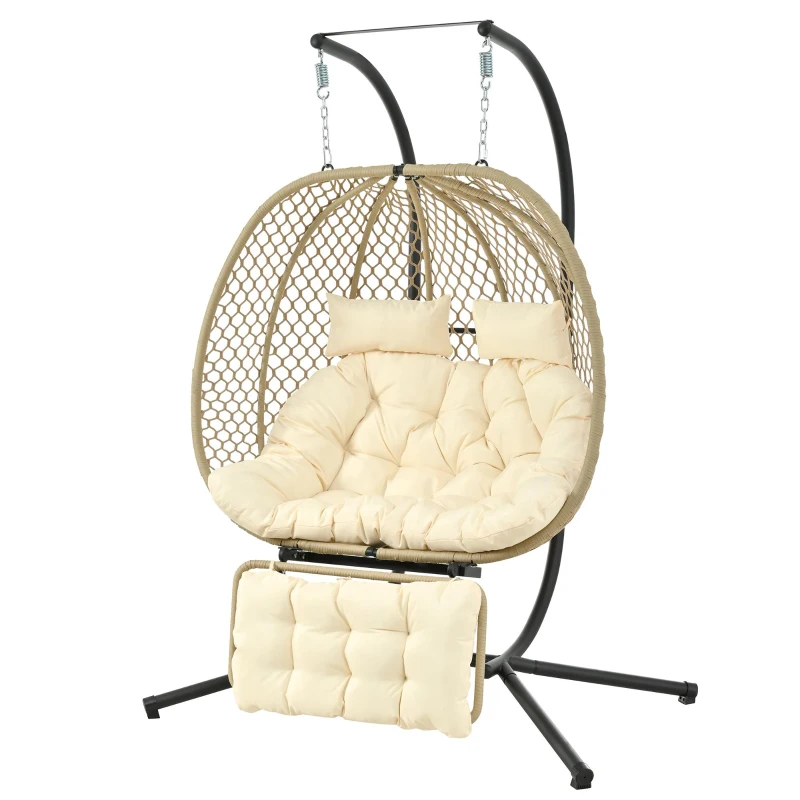 Eiförmiger Hängesessel mit Ständer, Schaukelstuhl mit verstellbarer Fußstütze, Gartenhängstuhl mit Sitzauflage & Kissen, 140 x 94 x 197 cm, Beige