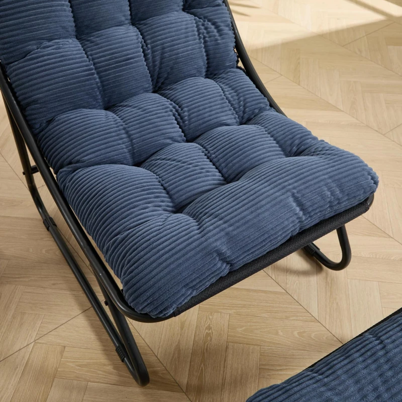 Poltrona lounge da esterno con pouf, cuscino imbottito, tessuto sling, struttura in acciaio, Blu marino