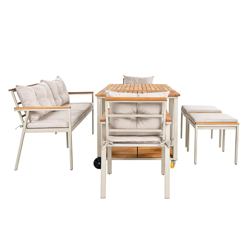 Set tavolo e sedie da pranzo per giardino 6-7 posti, mobili da giardino con poltrone e carrello portavivande rimovibile, Beige+Colore naturale