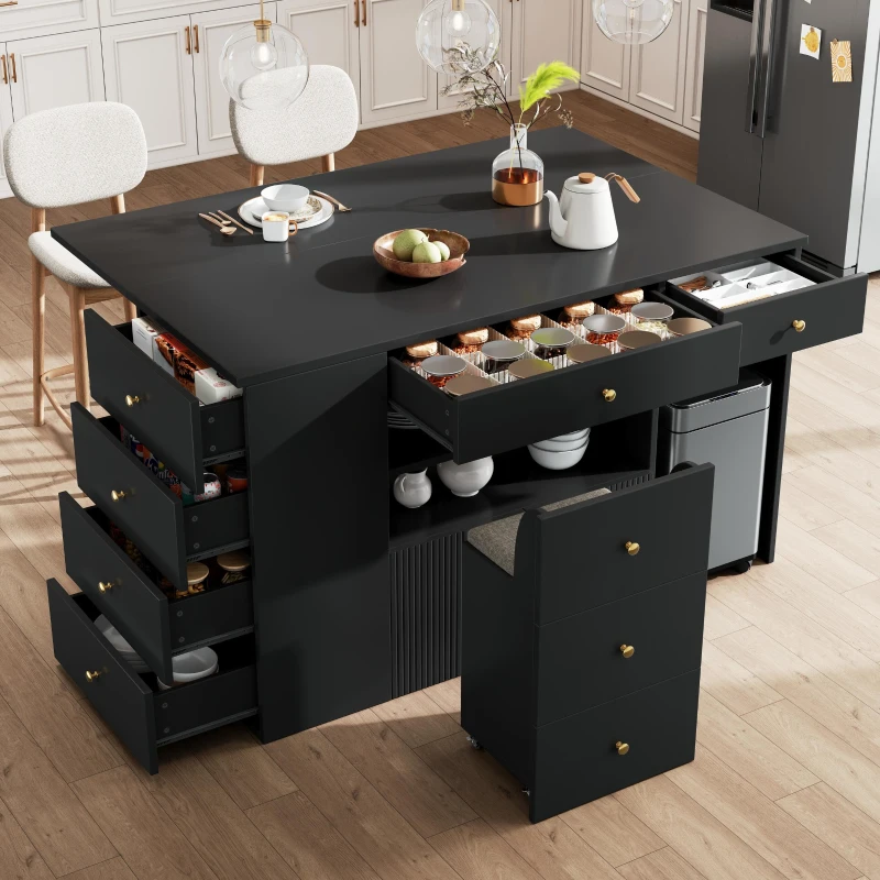 Adjustable Kitchen Island with 2 Stools, 6-Drawer and Generous worktop, Versatile Sideboard with Open Shelves, 140L x 40W x 89H cm, Black