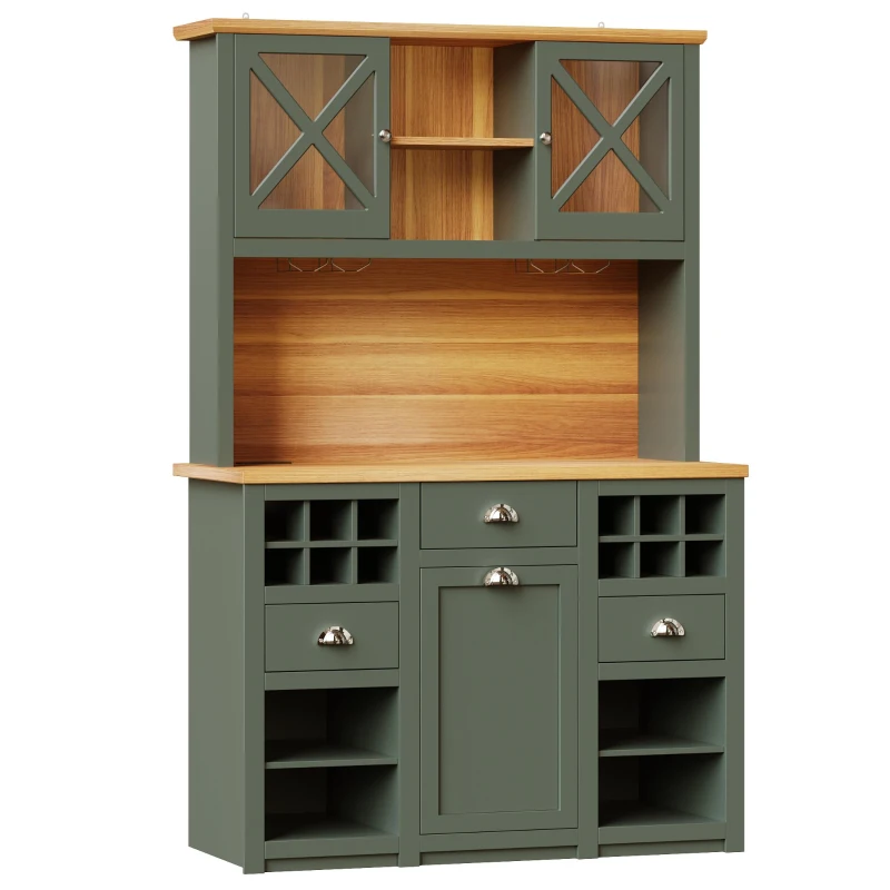 Tall Kitchen Cabinet with Glass Doors and LED Lighting, Versatile Sideboard with Adjustable Shelves, 120L x 45W x 188H cm, Antique Green
