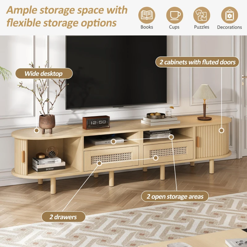 Modern TV Stand with 2 Drawers, 2 Sliding Doors & 8 Solid Wood Legs, Versatile Cabinet with Rounded Corners, 170L x 40W x 40H cm, Oak