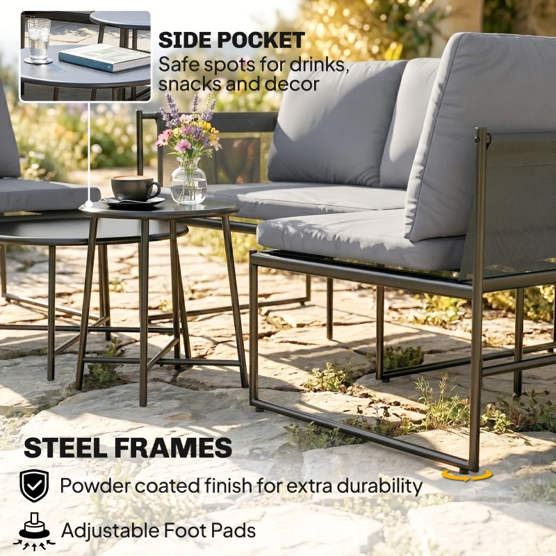 Outsunny Conjunto Lounge para Jardín 4-5 Personas con Sofá 2 Plazas, Mesa de Centro, Silla, Cojines gruesos lavables