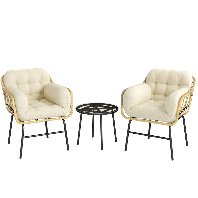 Outsunny Salon de Jardin Extérieur 3 Pièces en Résine Tressée, Table en Verre Trempé, 2 Fauteuils avec Coussins, 62x73x79cm, Kaki