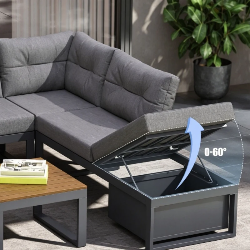 Gartenmöbelset mit verstellbaren Rückenlehnen und Liegefunktion, verstecktem Stauraum, für Terrasse, Balkon und Garten, Dunkelgrau