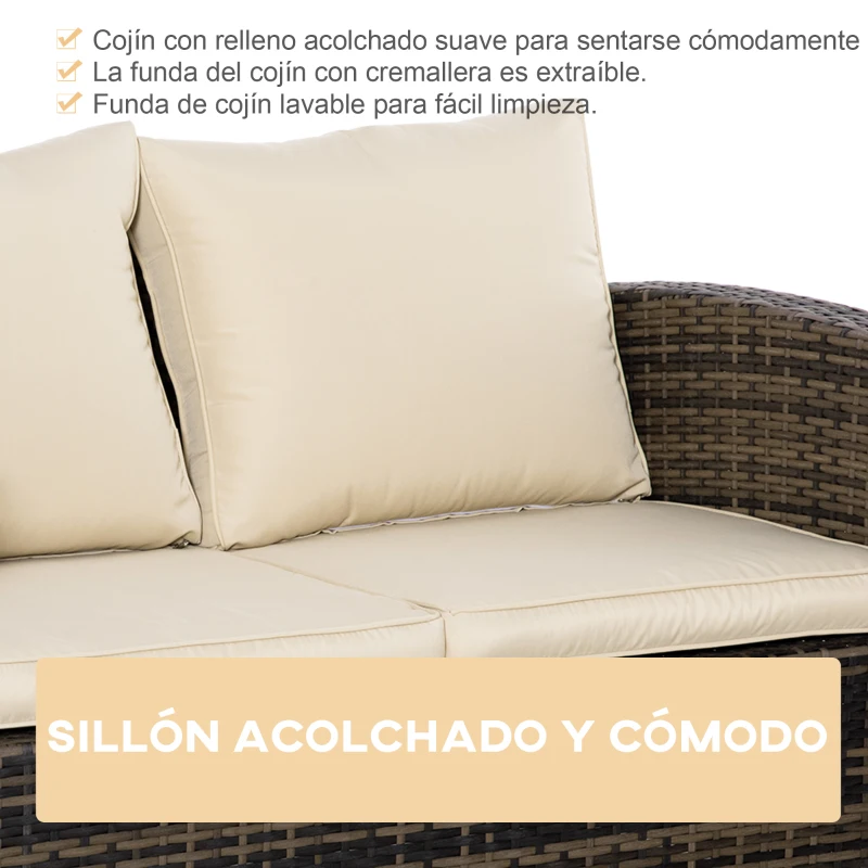 Outsunny Conjunto de Jardín Exterior de Ratán 6 Piezas Cojines Sofá Doble Sofá 3 Plazas 2 Sillones 2 Mesas Auxiliares Caqui