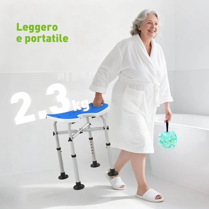 HOMCOM Sgabello da Doccia Regolabile in Altezza con Maniglione, Seduta Imbottita a U e Piedini Antiscivolo, Blu
