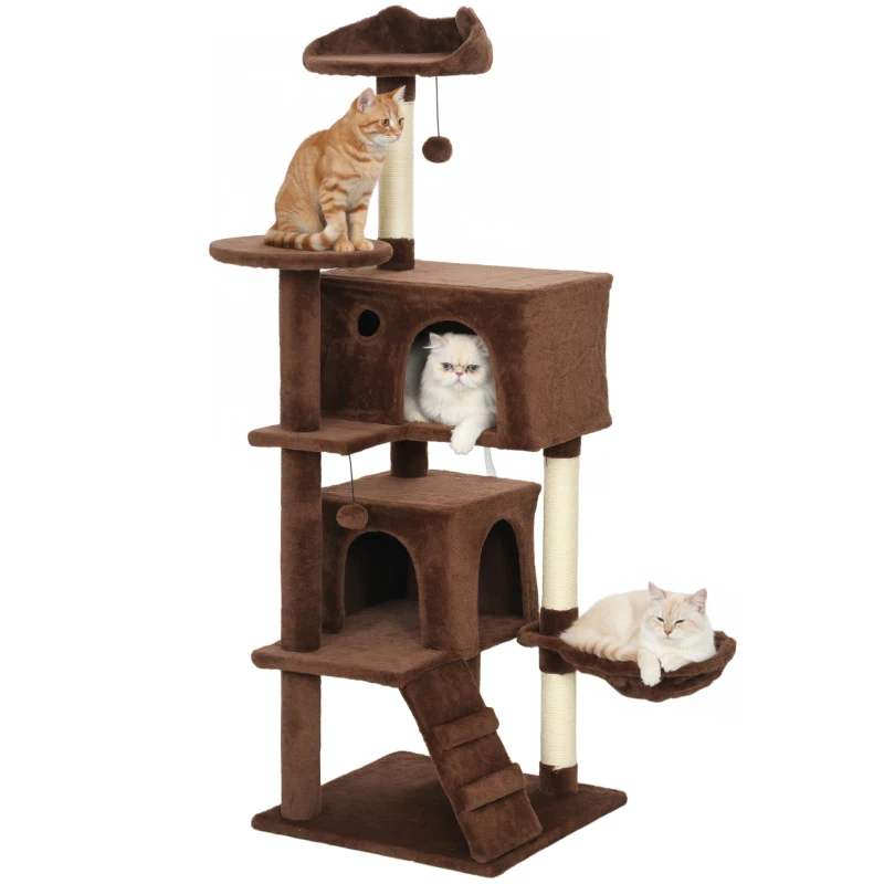 PawHut Árbol Rascador para Gatos 140 cm con Plataformas Cama 2 Cuevas Hamaca Escalera Postes de Sisal Marrón