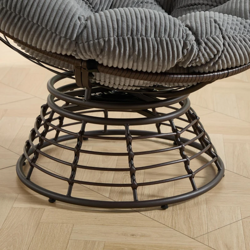 Poltrona Papasan, girevole a 360°, cuscino spesso(tessuto a coste), struttura in acciaio, 92x92x67 cm, Grigio