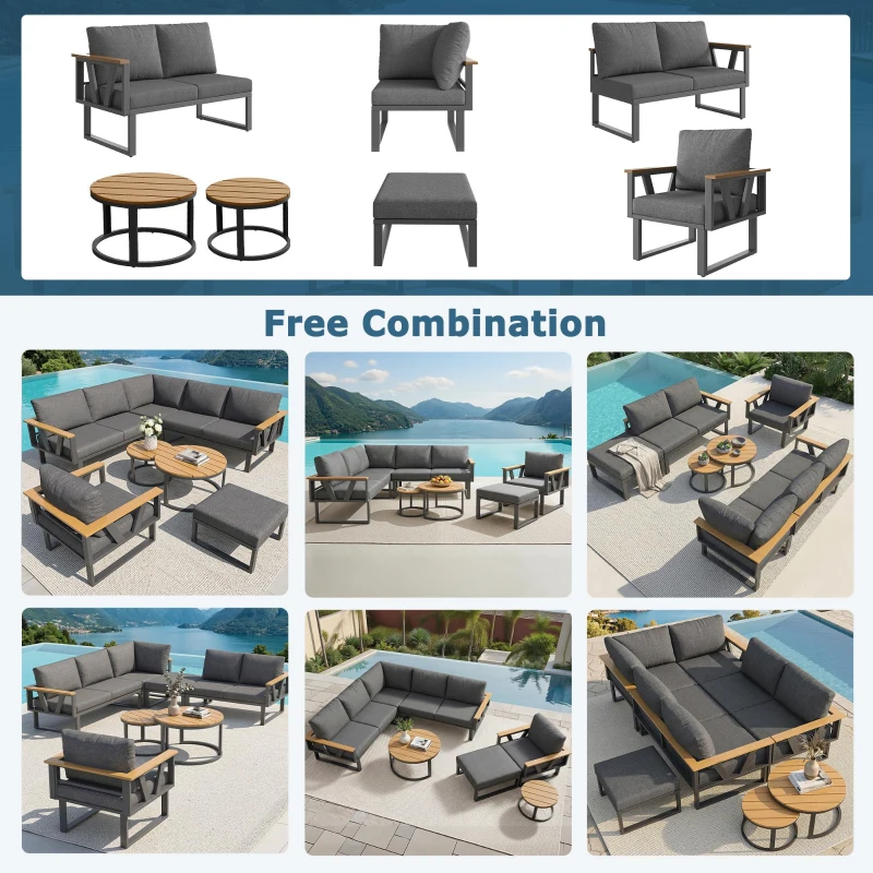 Stylish Modular Garden Sofa Set with Washable 9 cm Cushions, Versatile Garden Furniture Set for 6-7 Seater, 177L x 177W x 79H cm, Gray