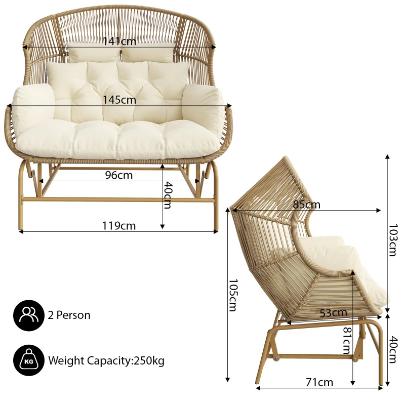 Elegant Garden Rocking Chair with Smooth Motion, Comfortable Hanging Chair with Thick Cushions, 145L x 85W x 143H cm, Beige
