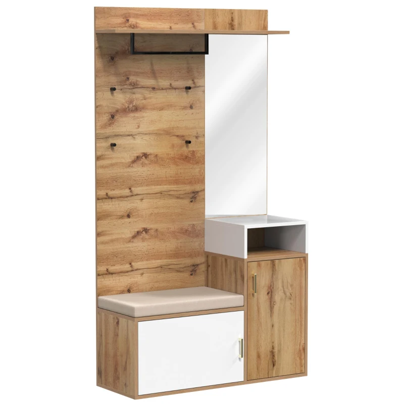 Garderoben-Set mit Spiegel, Sitzbank, 2 Schuhfächern, Haken und Garderobenstange, 105 x 40 x 190,5 cm, Weiß+Naturfarbe