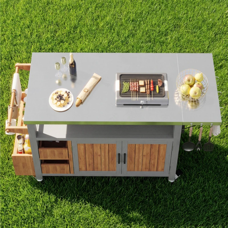 Weatherproof Serving Trolley with Extendable Side Shelf, Outdoor Side Table for Garden Parties, 100-138L x 47W x 92H cm, Natural