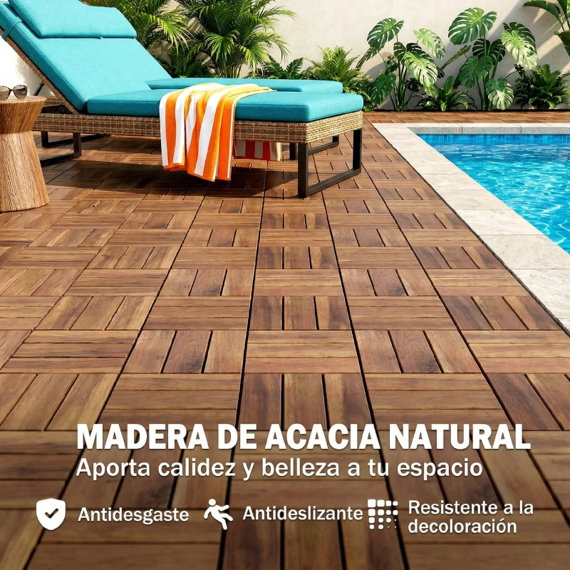 Outsunny Set de 10 Piezas Baldosas de Exterior de Madera 31x31 cm 0,91 m² Suelo de Jardín Exterior Antideslizantes Marrón Oscuro