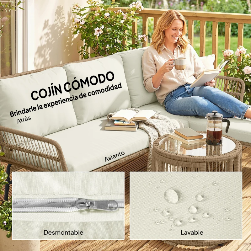 Outsunny Conjunto de Muebles de Jardín Exterior de Ratán con Sofá de 2 Plazas Chaise Longue Cojines y Mesa Auxiliar Crema