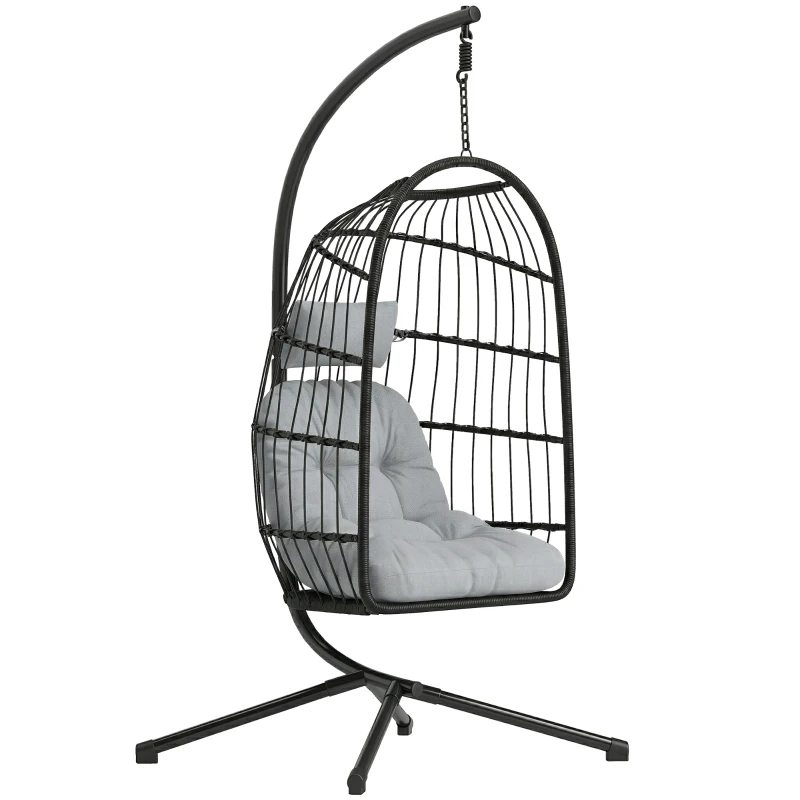 Outsunny Fauteuil Œuf Suspendu Pliable avec Support Coussin 15cm et Appui-tête Gain de Place Résine Tressée 101x105x196cm Gris