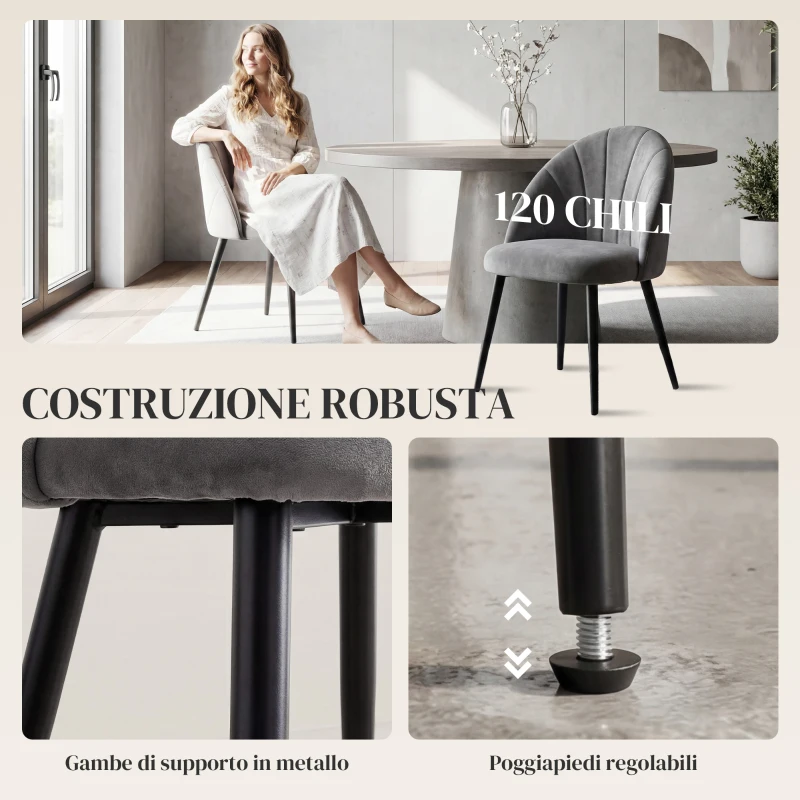 HOMCOM Set da 2 Sedie da Pranzo in Velluto Imbottite con Schienale a Conchiglia e Gambe in Metallo, Grigio