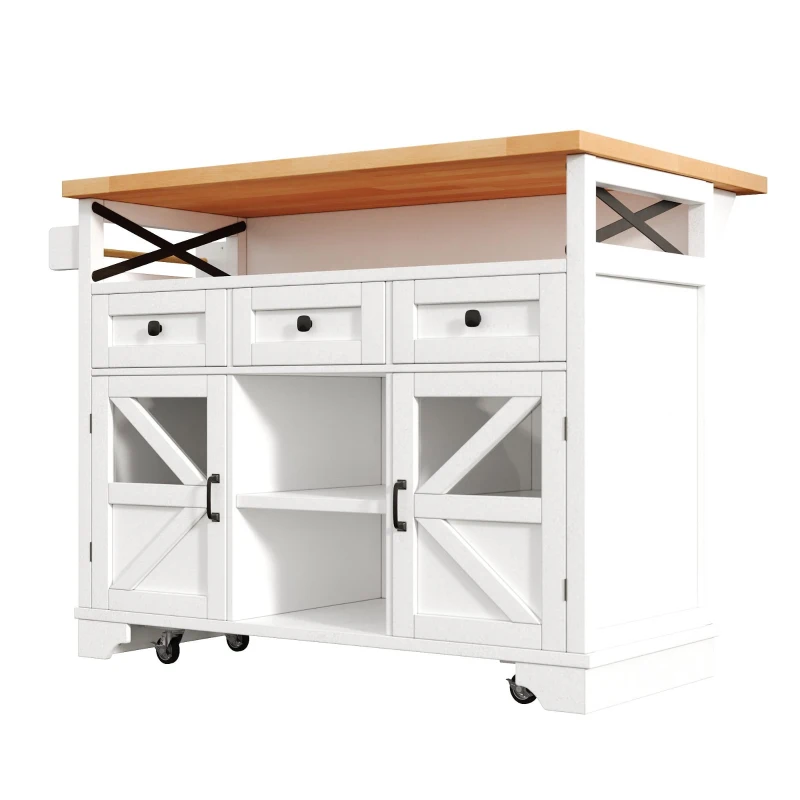Multifunctional Kitchen Cart with 3 Drawers and 2 Glass-Front Doors, Mobile Kitchen Island with Drop-Leaf Table, 120L x 71W x 98H cm, White