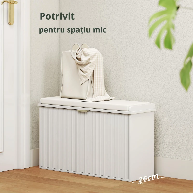 HOMCOM Bancă Scarpieră cu Raft Intern, din Lemn și Țesătură cu Efect de In, 80x26x47.5 cm, Alb și Bej(m-7)
