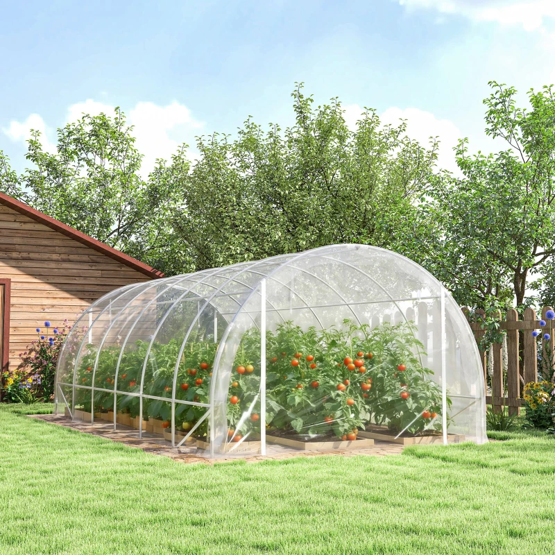 Outsunny Serre tunnel de jardin 18m² serre de jardin tunnel 296x597x199cm cadre acier galvanisé, bâche PE 150g/m² transparent