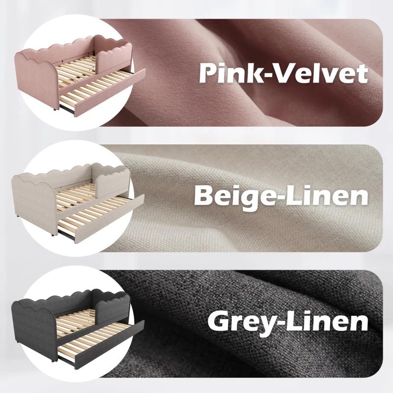 Upholstered Daybed with Pull-Out Trundle & Removable Front Rail, Space-Saving Sofa Bed for Compact Flats, 197L x 99W x 70H cm, Grey