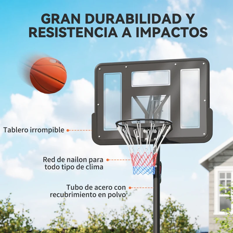 SPORTNOW Canasta de Baloncesto para Exterior Ajustable de 235-305 cm con Tablero Irrompible 110 cm Saco de peso y Ruedas Negro