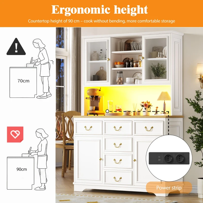 Tall Kitchen Cabinet with Integrated USB Ports & Ergonomic Worktop, Stylish Sideboard with Adjustable Shelves, 118L x 39.5W x 180H cm, White