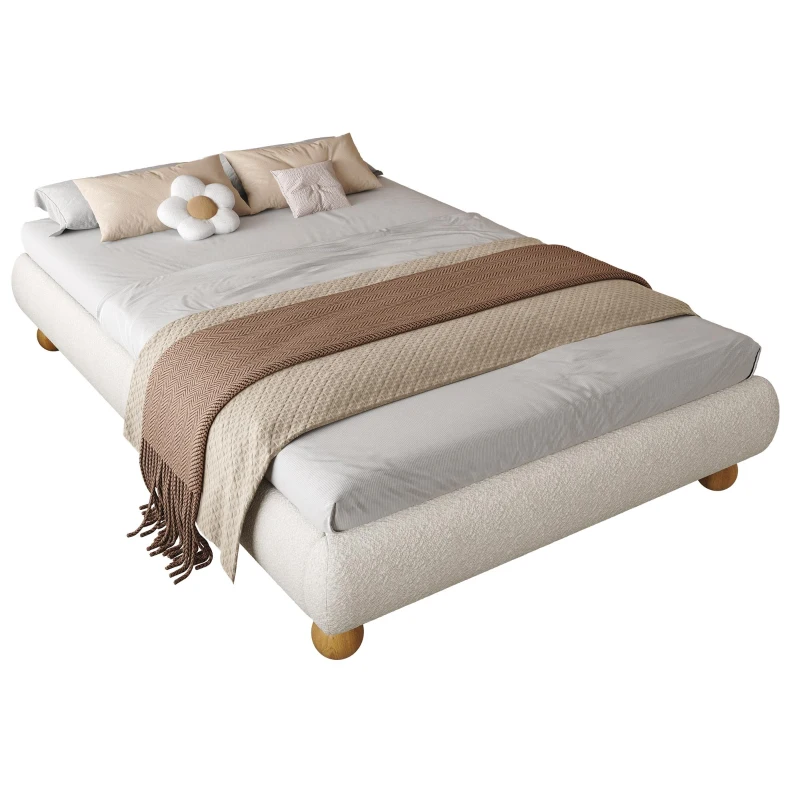 Modern Upholstered Double Bed with Sturdy Slatted Frame, Bouclé Platform Bed with Rounded Modern Legs, 197L x 146W x 30H cm, Beige