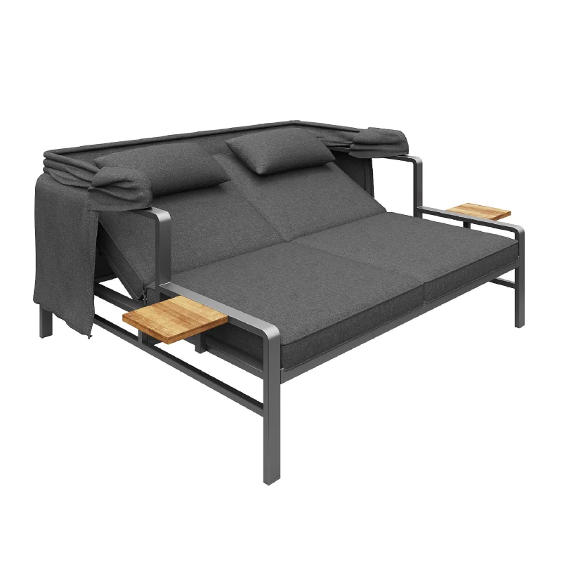 Convertible Garden Lounge Set with Double Reclining Lounger, Outdoor Rattan Sofa Set with Adjustable Backrest, 128L x 117W x 40H cm, Gray