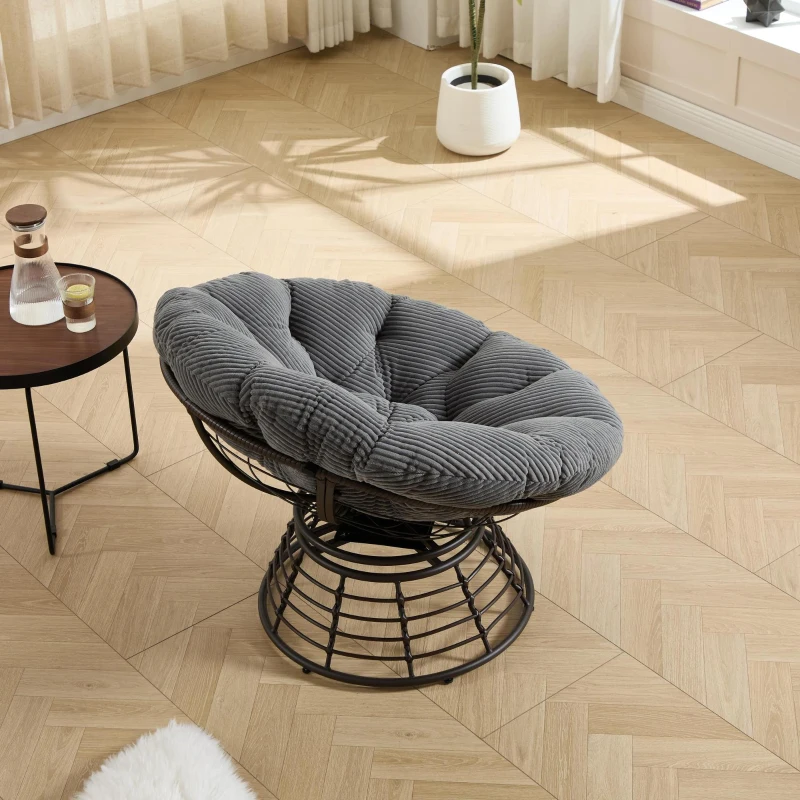 Poltrona Papasan, girevole a 360°, cuscino spesso(tessuto a coste), struttura in acciaio, 92x92x67 cm, Grigio